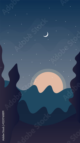 Abstract Mobile Phone Retro Wallpaper Dark Landscape Moon Stars Mountains