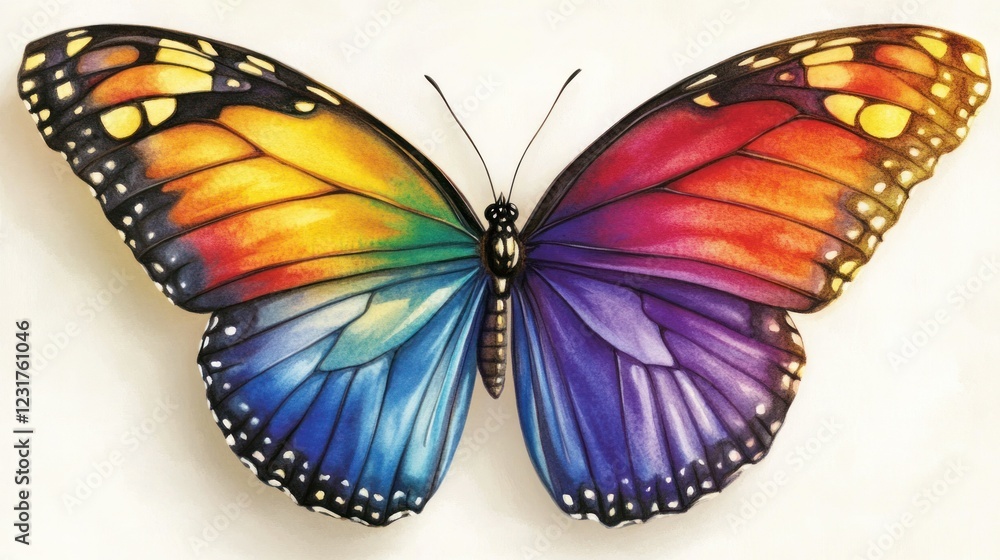 Obraz premium A soft watercolor butterfly illustration featuring vibrant rainbow-colored wings, floating on a white backdrop.
