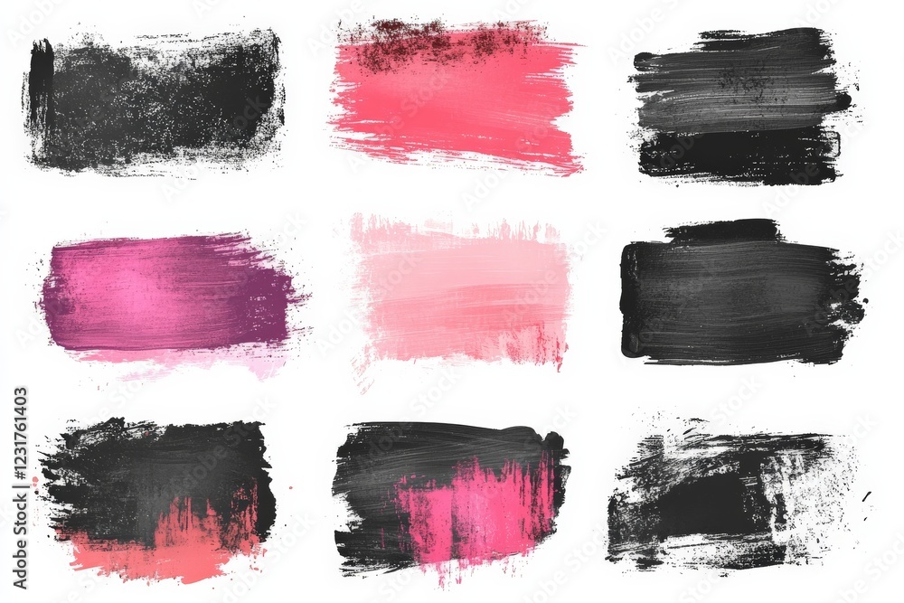 Fototapeta premium Abstract brush strokes in various shades of black, pink, and purple across a white background
