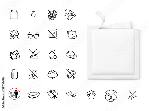 Torn sachet bag mockup for single wet wipe. Vector illustration isolated on white background. Flat lay view. The outline icons are well scalable and editable. EPS10.