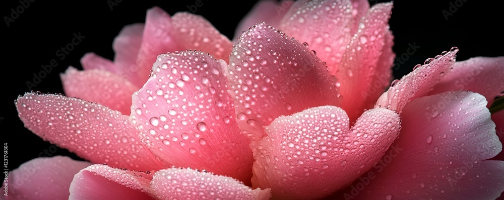 Macro view of a pink peony bloom with fresh dew droplets enhancing its vibrant color. Macro view of a pink peony bloom with fresh dew droplets enhancing its vibrant color.