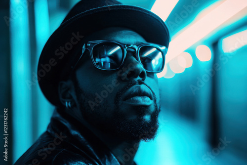 Black rapper in underpass neon light on background