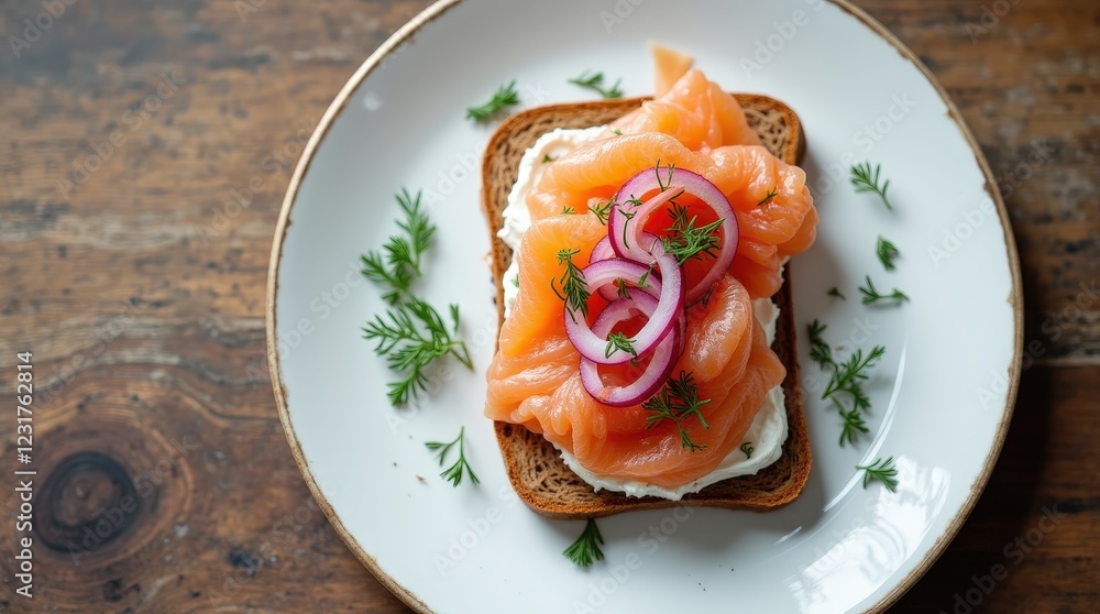Beautifully presented Scandinavian open sandwich with fresh ingredients Beautifully presented Scandinavian open sandwich with fresh ingredients