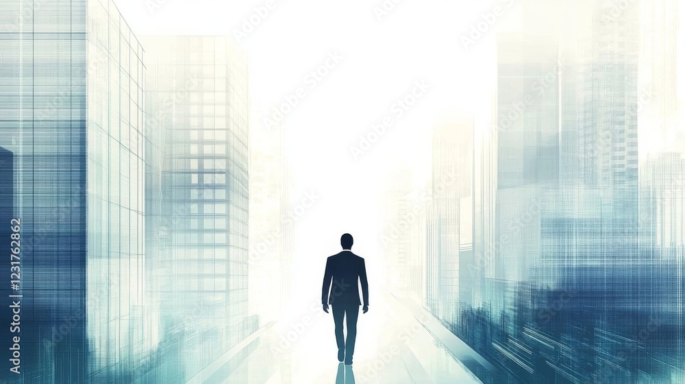 Businessman Walking Towards the Bright Future in a Modern Cityscape Businessman Walking Towards the Bright Future in a Modern Cityscape