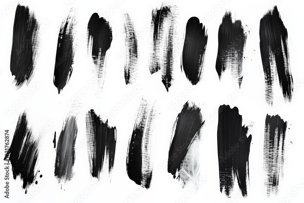 Bold black paint strokes arranged on a white canvas for artistic expression and experimentation in a studio Bold black paint strokes arranged on a white canvas for artistic expression and experimentation in a studio