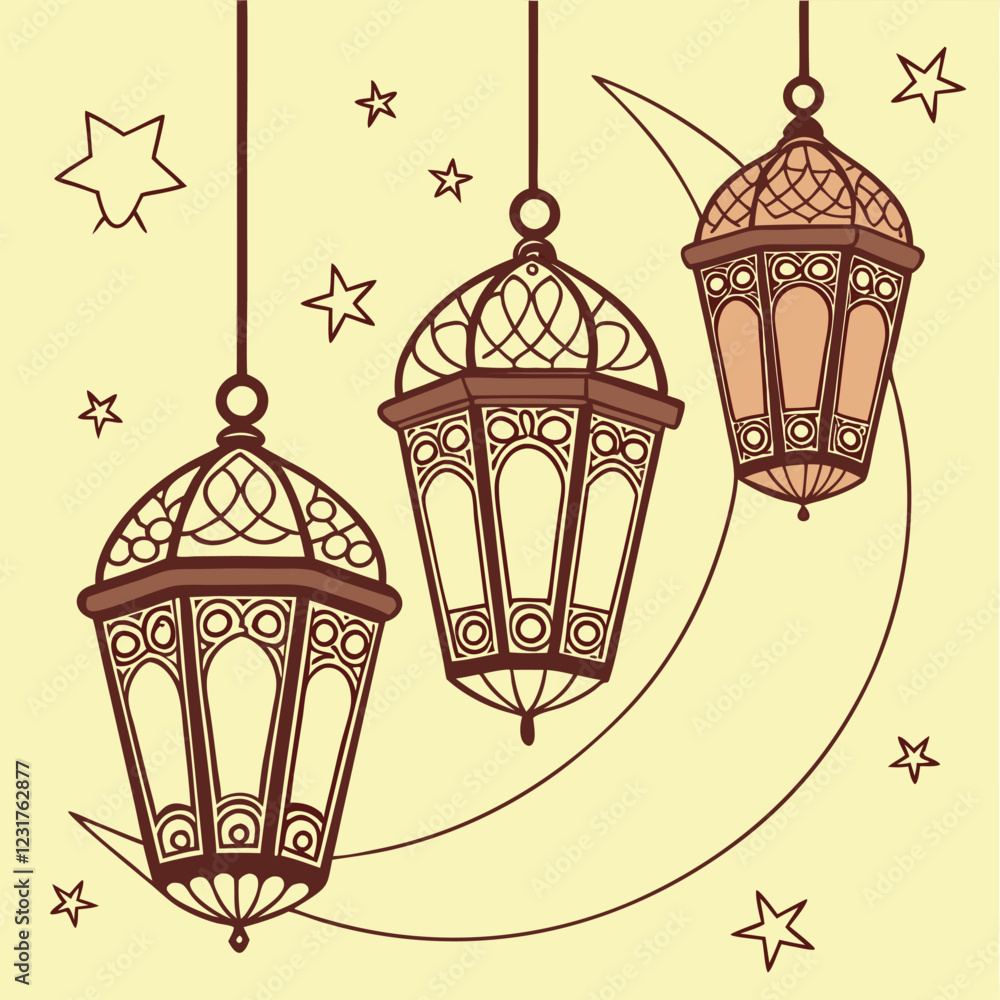 Create an illustration of Ramadan lanterns hanging with intricate patterns in a warm golden glow Create an illustration of Ramadan lanterns hanging with intricate patterns in a warm golden glow