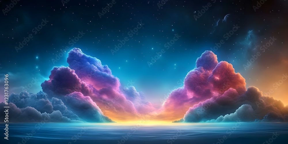 Obraz premium A vibrant sky filled with colorful clouds at sunset, reflecting hues of blue, pink, and orange over a calm ocean. Concept Sunset Skies, Colorful Clouds, Ocean Reflections, Vibrant Hues