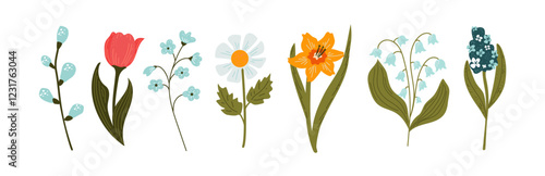 Collection of colorful spring flowers. Set of vector flowers colors on a white background. Isolated