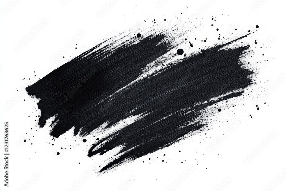 Abstract black paint stroke with splatter on white background showcasing artistic expression and texture Abstract black paint stroke with splatter on white background showcasing artistic expression and texture