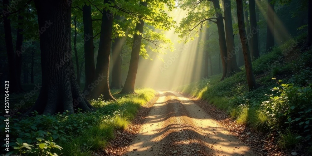 Fototapeta premium Serene Woodland Path Bathed in Golden Sunlight A Mystical Journey Through Nature's Embrace