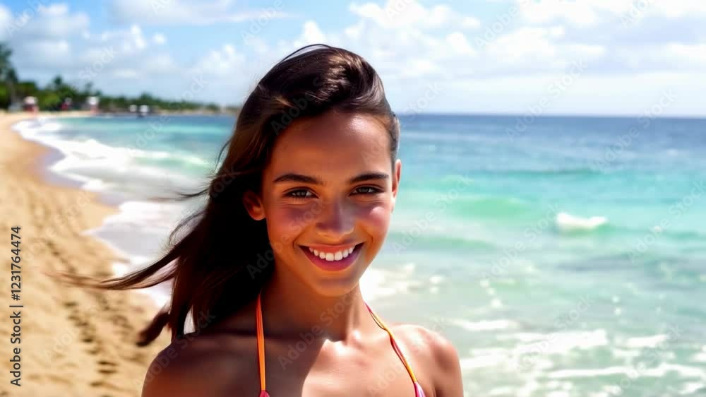 A curvaceous, model-like woman in a swimsuit walks away, showcasing her beautiful figure, legs, and confident stride, before turning gracefully to