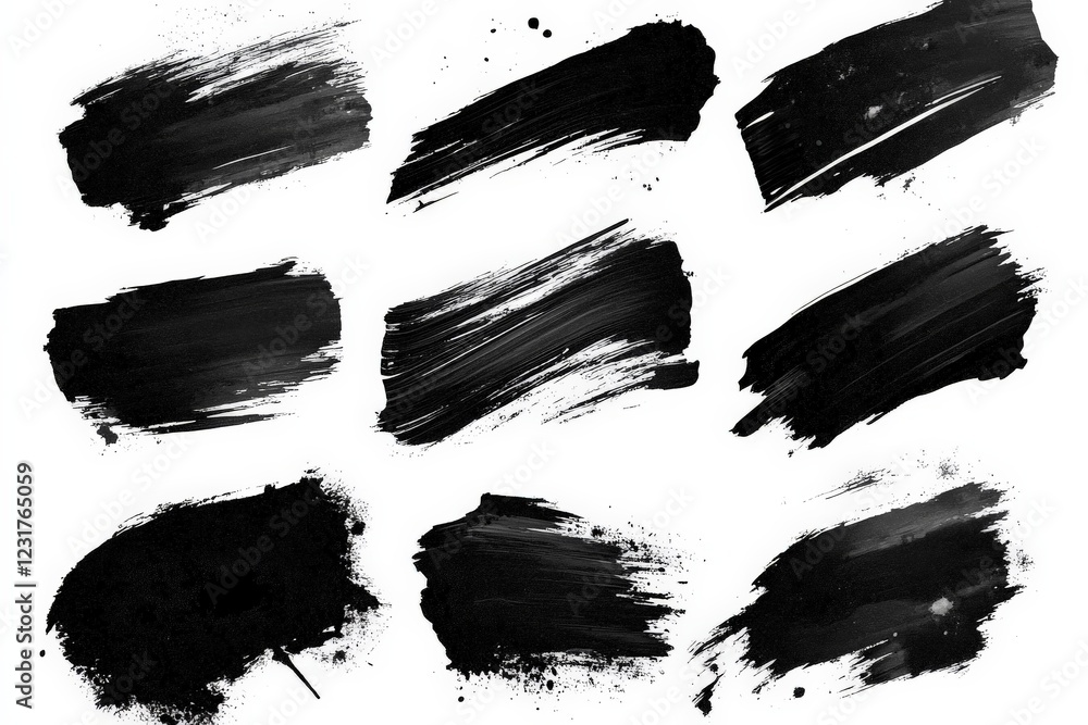 Black paint strokes on a white background showcasing various artistic styles and techniques Black paint strokes on a white background showcasing various artistic styles and techniques