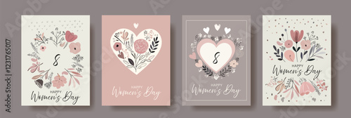 Elegant Women's Day Greeting Card Set – Floral Hand-Drawn Designs with Soft Pastel Colors, Botanical Elements, and Romantic Heart Motifs for March 8 Celebration