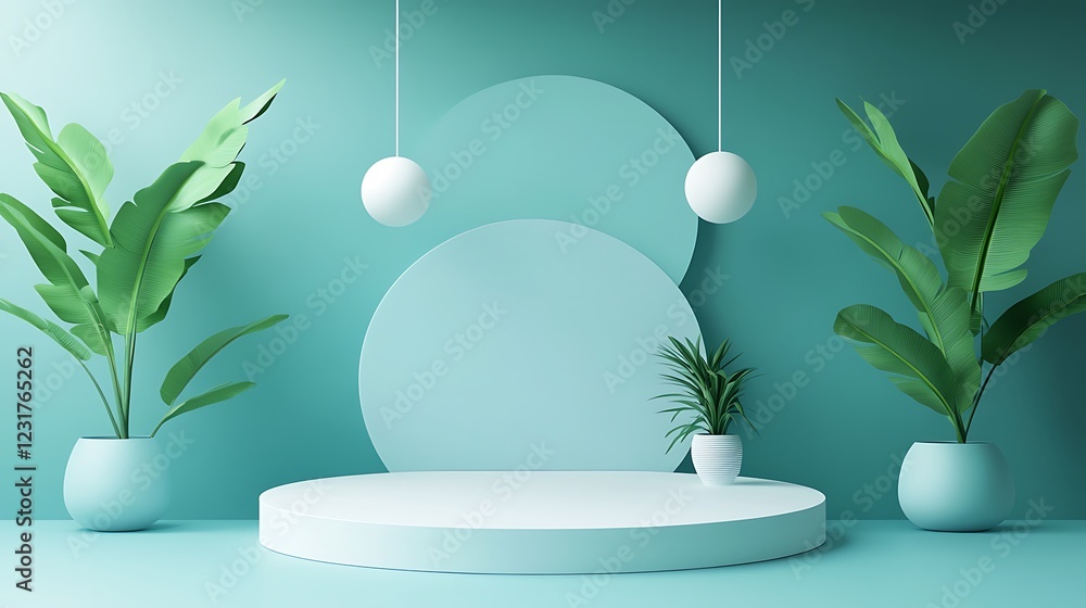 Minimalist Green Room Display with Plants and Platform Minimalist Green Room Display with Plants and Platform