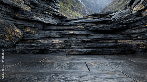 Mountain view through stone wall; dark floor; product display photo