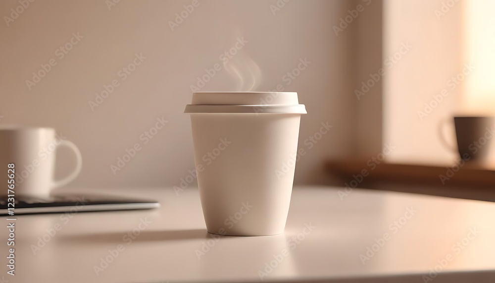 Steaming Coffee in a Disposable Cup on a Desk Steaming Coffee in a Disposable Cup on a Desk
