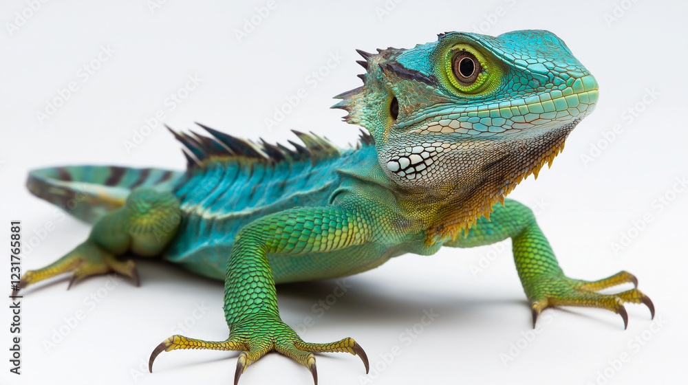 Obraz premium Vibrant green iguana with detailed scales on white background. Ideal for exotic pet care, reptile education, and wildlife conservation materials.