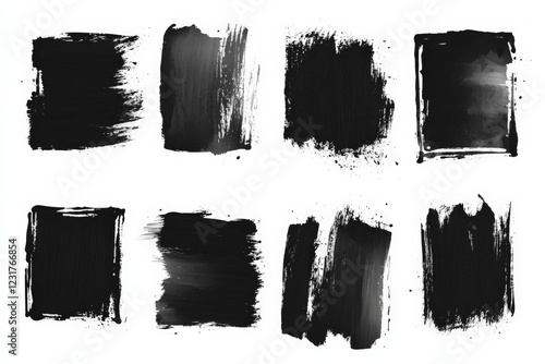 Black brush strokes in various styles create a textured composition ideal for artistic backgrounds and designs photo