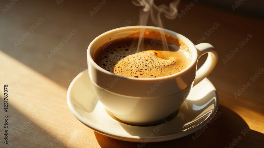 Aromatic coffee in a white cup, steaming gently, bathed in sunlight on a wooden surface Aromatic coffee in a white cup, steaming gently, bathed in sunlight on a wooden surface