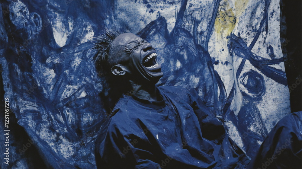 Emotional expression of a performer in front of an abstract blue backdrop during an artistic performance Emotional expression of a performer in front of an abstract blue backdrop during an artistic performance