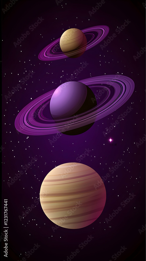 Fototapeta premium Three ringed planets cosmic space background, digital illustration, website banner