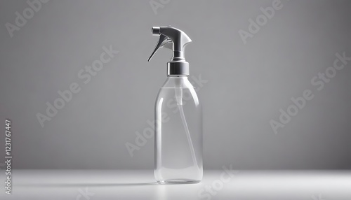 Clear Glass Spray Bottle with Silver Trigger Head on Gray Background photo