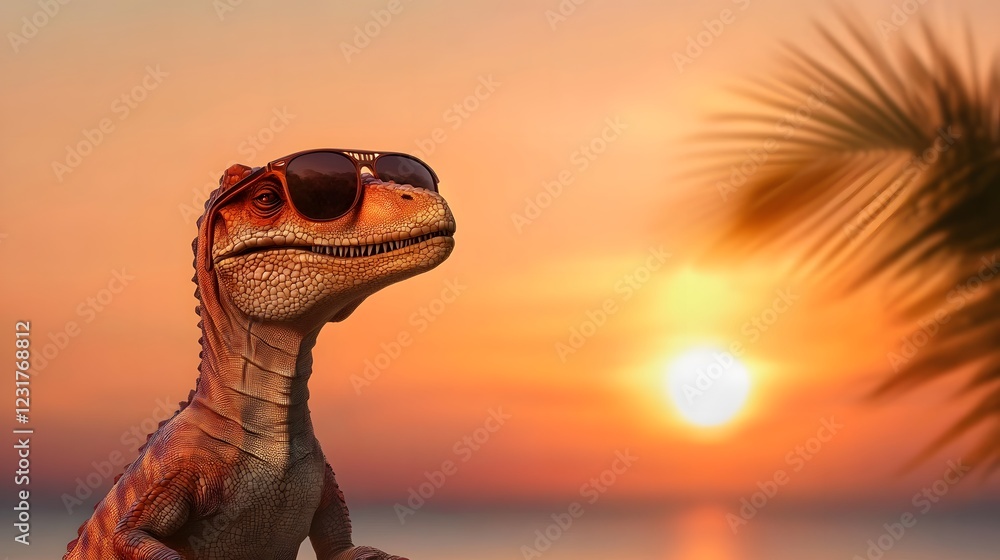 Fototapeta premium Cool Dinosaur Enjoying a Tropical Sunset with Sunglasses and Relaxed Vibe at the Beach