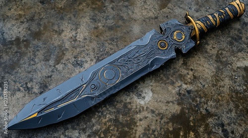 A towering black greatsword with a bold, intricate design, featuring a futuristic hilt and ornate detailing. photo