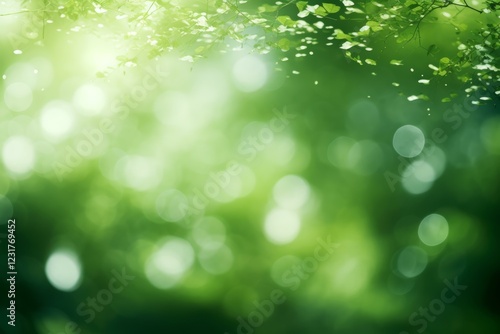Beautiful green bokeh effect created by sunlight filtering through leaves, perfect for nature themed projects