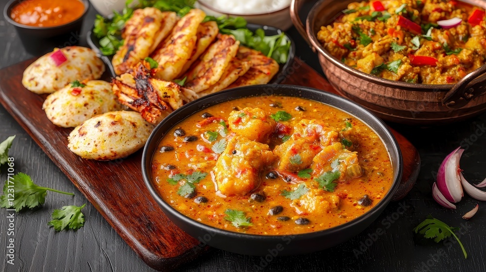 Fototapeta premium Indian dishes curry street food concept. A vibrant platter featuring various Indian dishes, including curry, dumplings, and garnishes, showcasing rich colors and flavors.