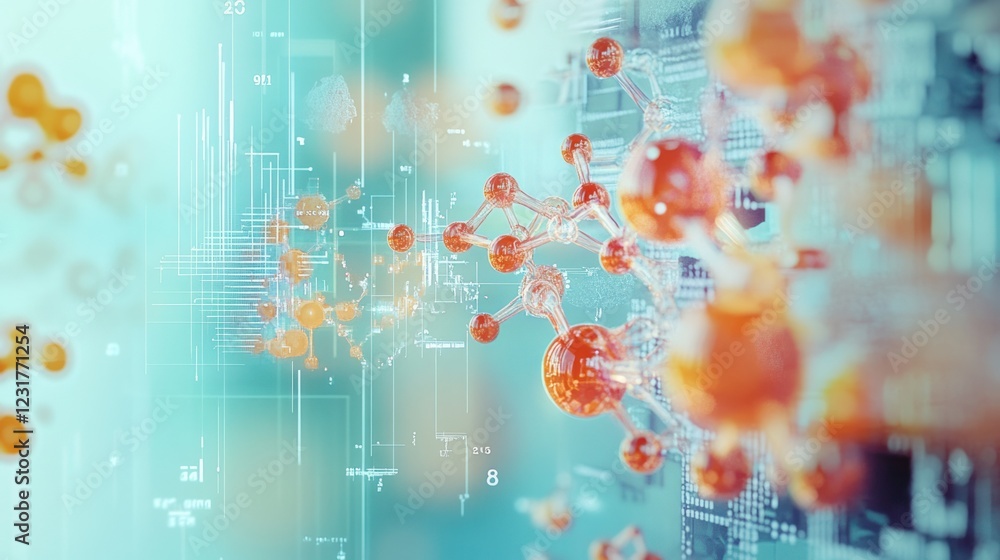 Obraz premium A visually stunning biotech composition with DNA models, molecular diagrams, and 3D data graphs, on a futuristic light blue background.