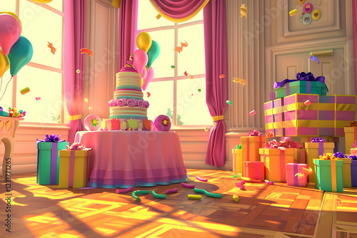 Wallpaper Mural Festive birthday scene; colorful gifts, cake, balloons, and confetti in a sunlit room. Perfect for celebrating special occasions. Torontodigital.ca