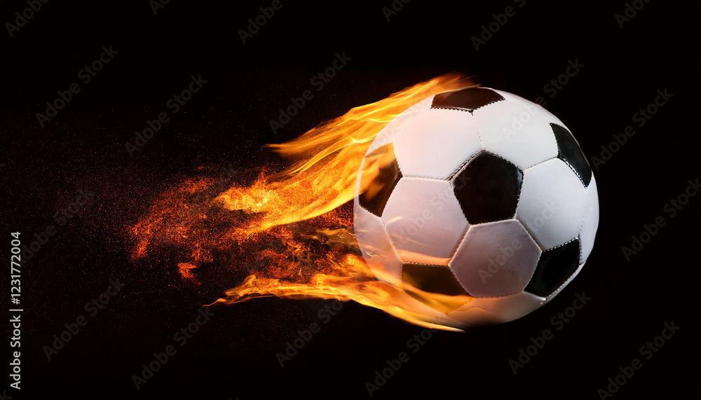 Naklejka premium Burning soccer or football ball with smoke. Hot orange flame. Active sport. Black background.