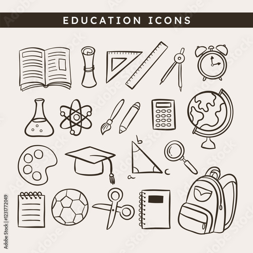 Cute hand-drawn education doodle Icons, perfect for sticker designs, prints and crafting projects. 21 icon designs. Vector illustration.