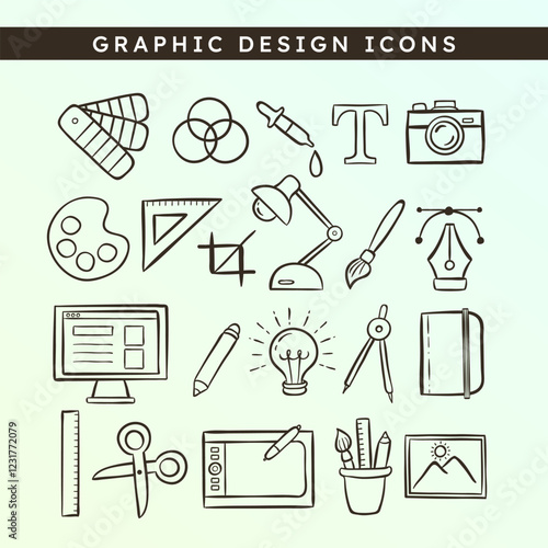 Cute hand-drawn graphic design doodle Icons, perfect for sticker designs, social media, blogs, prints and crafting projects. 21 icon designs. Vector illustration.