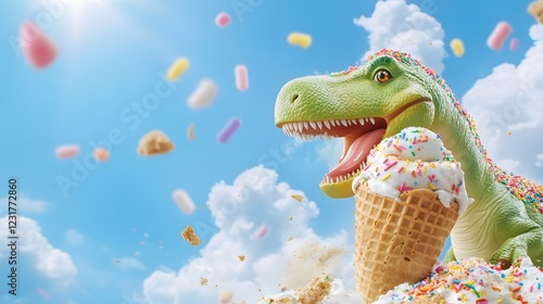 Colorful Dinosaur Enjoying Ice Cream Cone Under Bright Blue Sky with Whimsical Confetti in Background