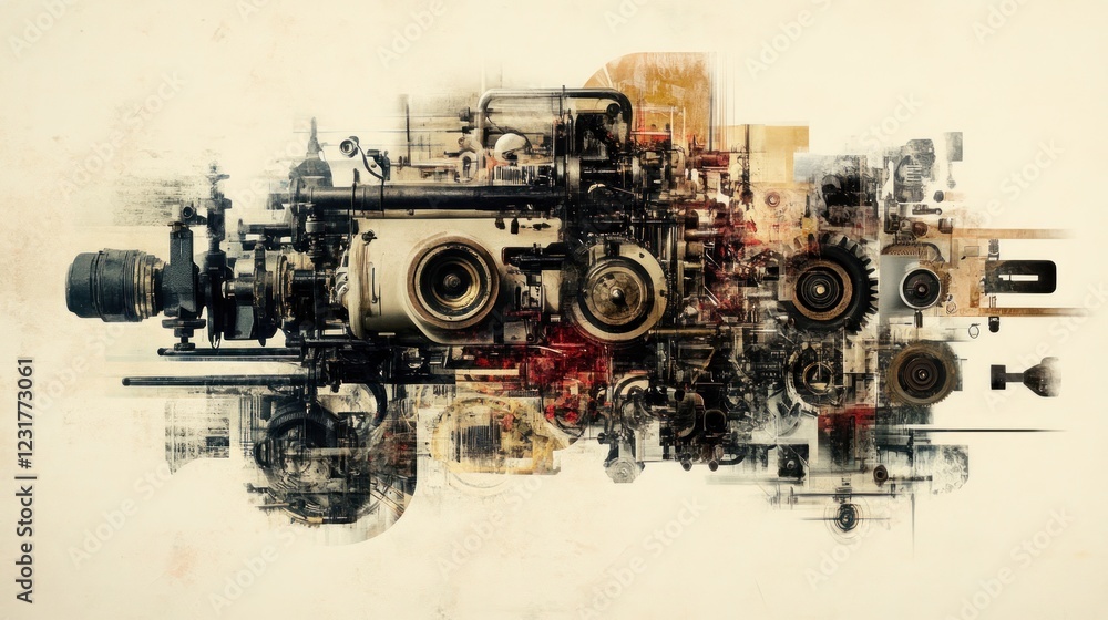 Fototapeta premium Abstract mechanical composition featuring gears and machinery elements.
