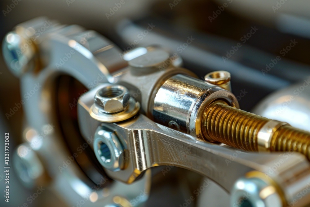 Shiny metallic component with bolts, nuts, and screws highlighting precision in industrial design Shiny metallic component with bolts, nuts, and screws highlighting precision in industrial design
