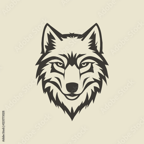 Vector Illustration of  wolf's face, sharp and angular features, bold yet clean black lines, symmetrical design, centered on a solid white background