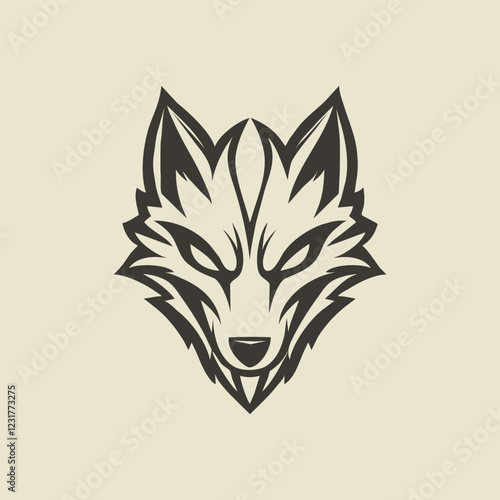 Vector Illustration of  wolf's face, sharp and angular features, bold yet clean black lines, symmetrical design, centered on a solid white background