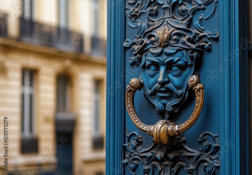 A blue door with a face on it and a gold handle