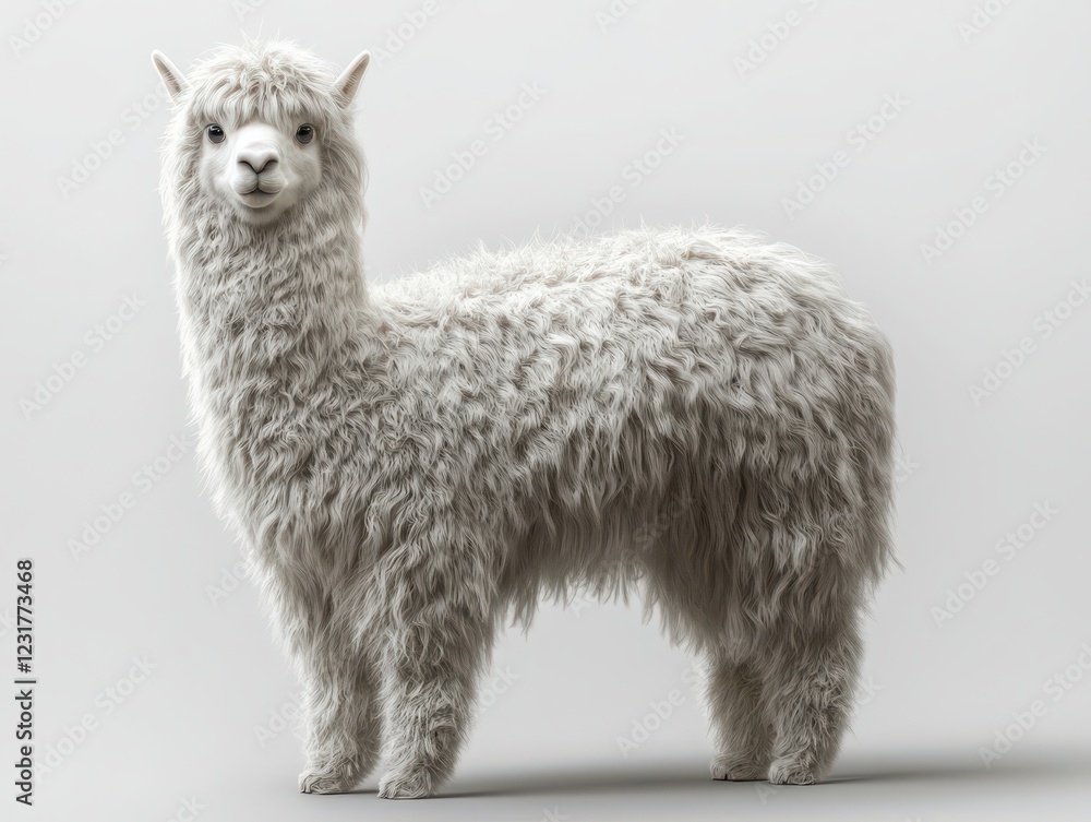Fototapeta premium Fluffy alpaca standing in a studio setting photography neutral background close-up view animal portrait