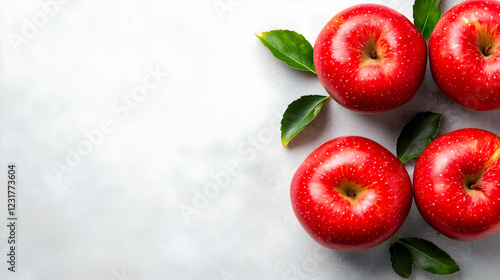 Red apples with leaves on grey background, food photography, recipe blog
