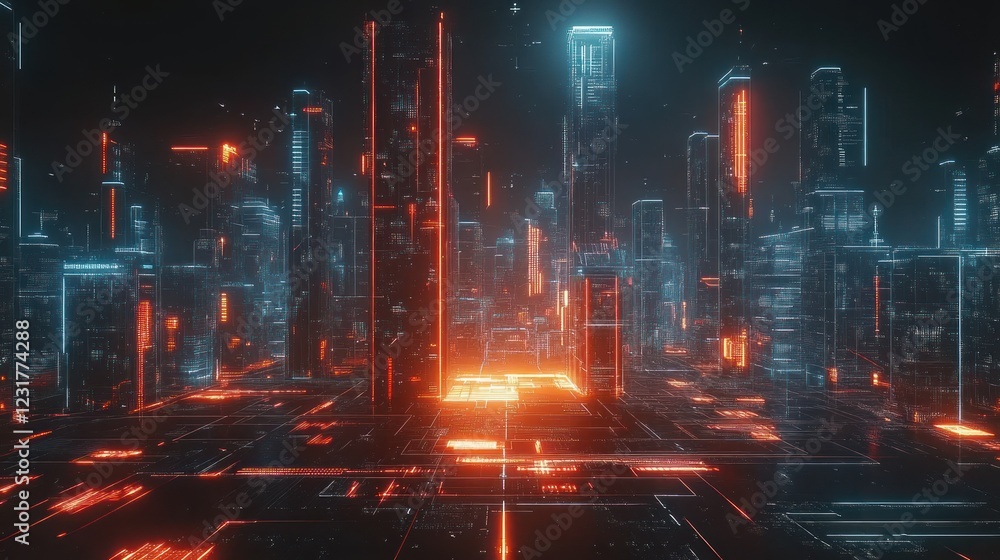 Fototapeta premium Neon cityscape, digital futuristic city, glowing circuit board ground, night, background use