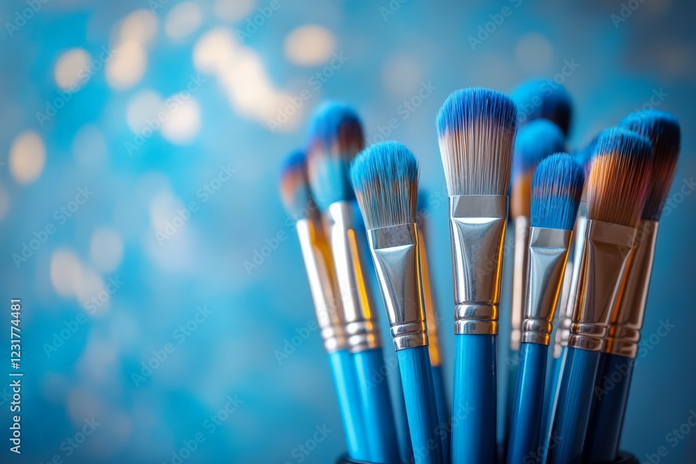Fototapeta premium Vibrant blue makeup brushes arranged against a soft blue background in an artistic display
