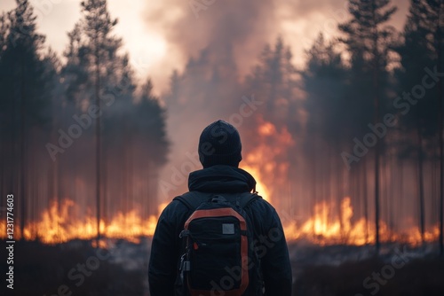 Firefighter stands before raging forest fire amidst smoke and flames in a remote area during twilight hours photo