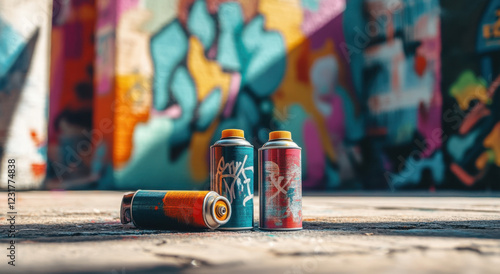 Vibrant spray paint cans on urban pavement among colorful graffiti art