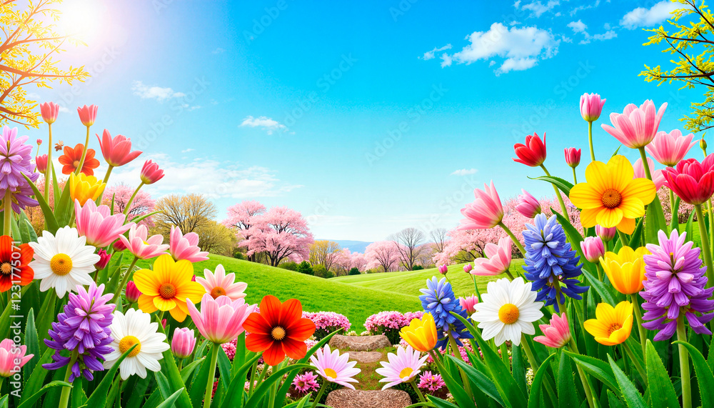 Obraz premium Vibrant flowers blooming in sunny spring garden, seasonal beauty