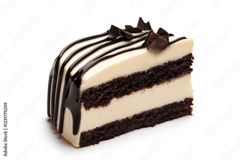 Chocolate cake slice with vanilla layered icing chocolate ganache drizzle Chocolate cake slice with vanilla layered icing chocolate ganache drizzle