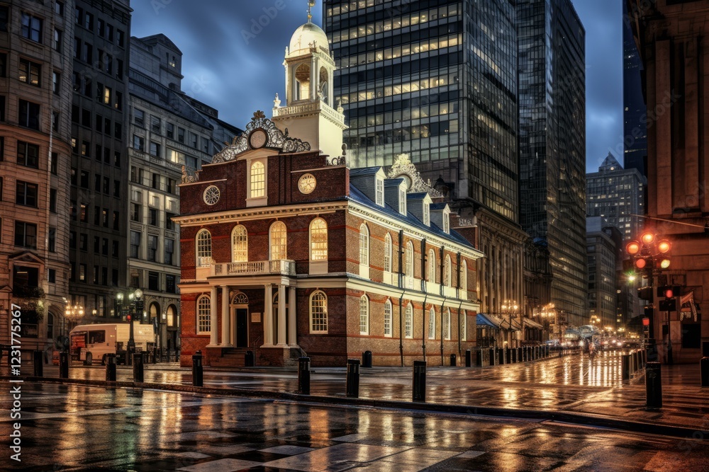 The old state house is glowing on a rainy evening in downtown boston, massachusetts The old state house is glowing on a rainy evening in downtown boston, massachusetts